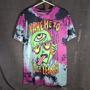 "Take Me To Your Leader" Psychedelic Alien Faux Tie Dye Graphic Tee VG M